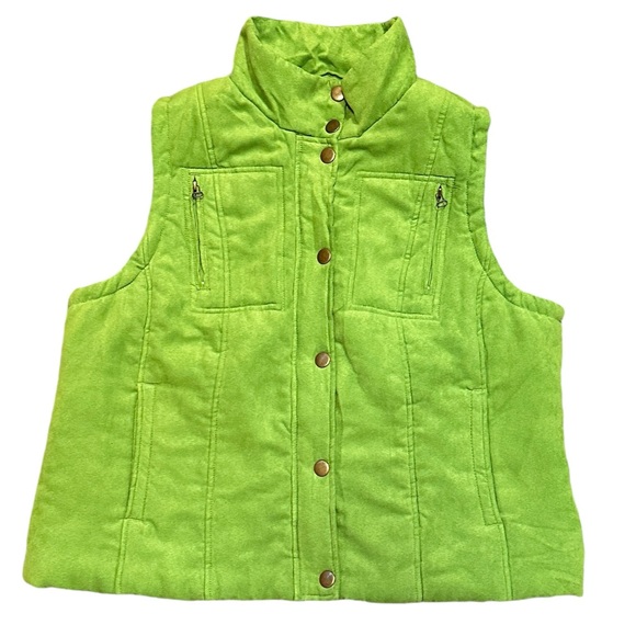 Relativity Bright Green Faux Suede Vest W/ Brass Colored Snaps & Zipper (XL) - Picture 5 of 12